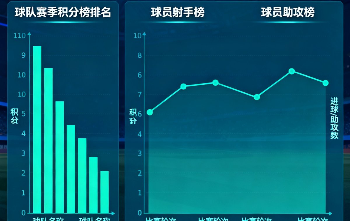 说球帝数据统计仪表盘，展示球队赛季积分榜排名、球员射手榜和助攻榜，配有柱状图和折线趋势图